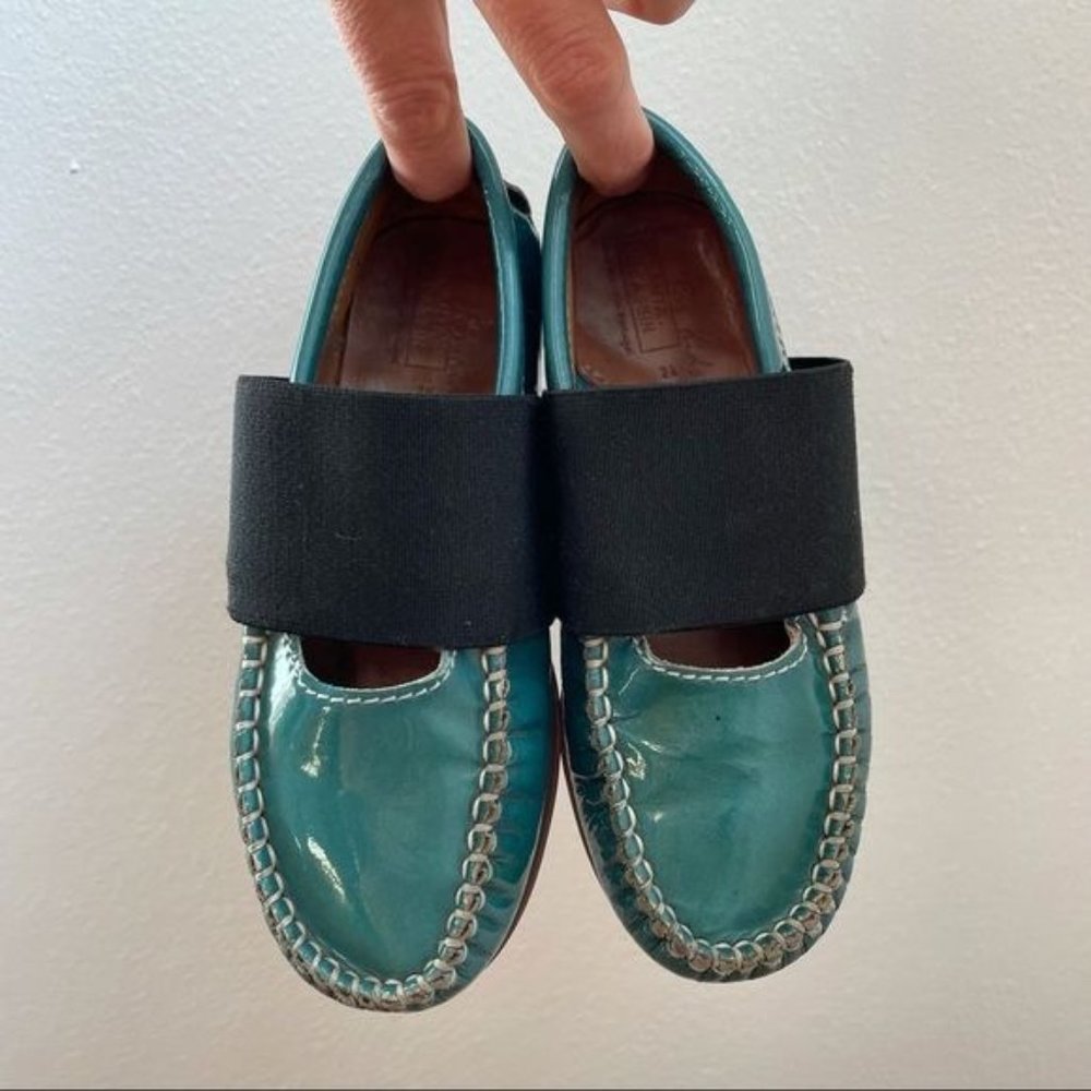 Atlanta Mocassins Kids Teal Patent Leather Slip-On Loafers with Elastic Strap